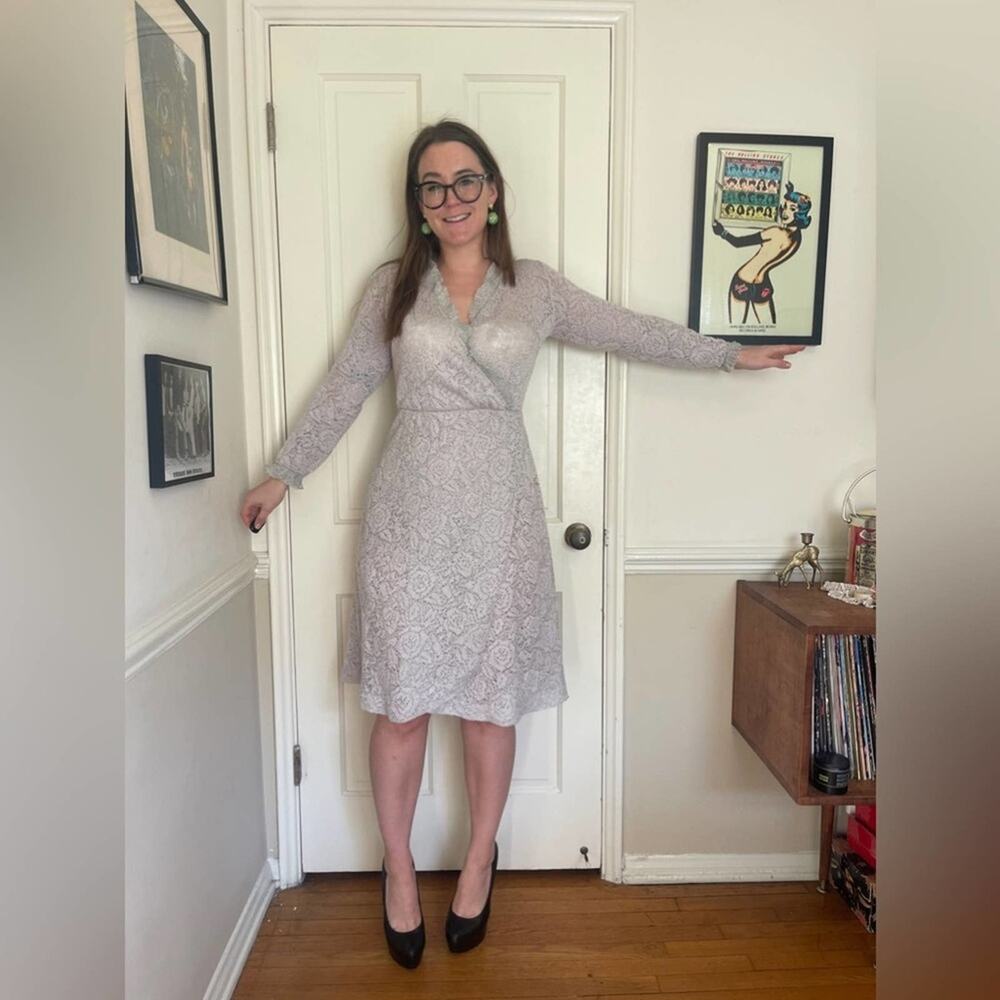 70s Vintage Silver Knit Lurex Faux Wrap Dress - Picture 1 of 6